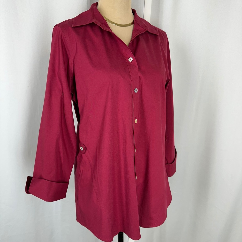 Foxcroft NYC Berry Maroon Non-Iron Stretch Button Front Shirt Blouse Size 6 READ